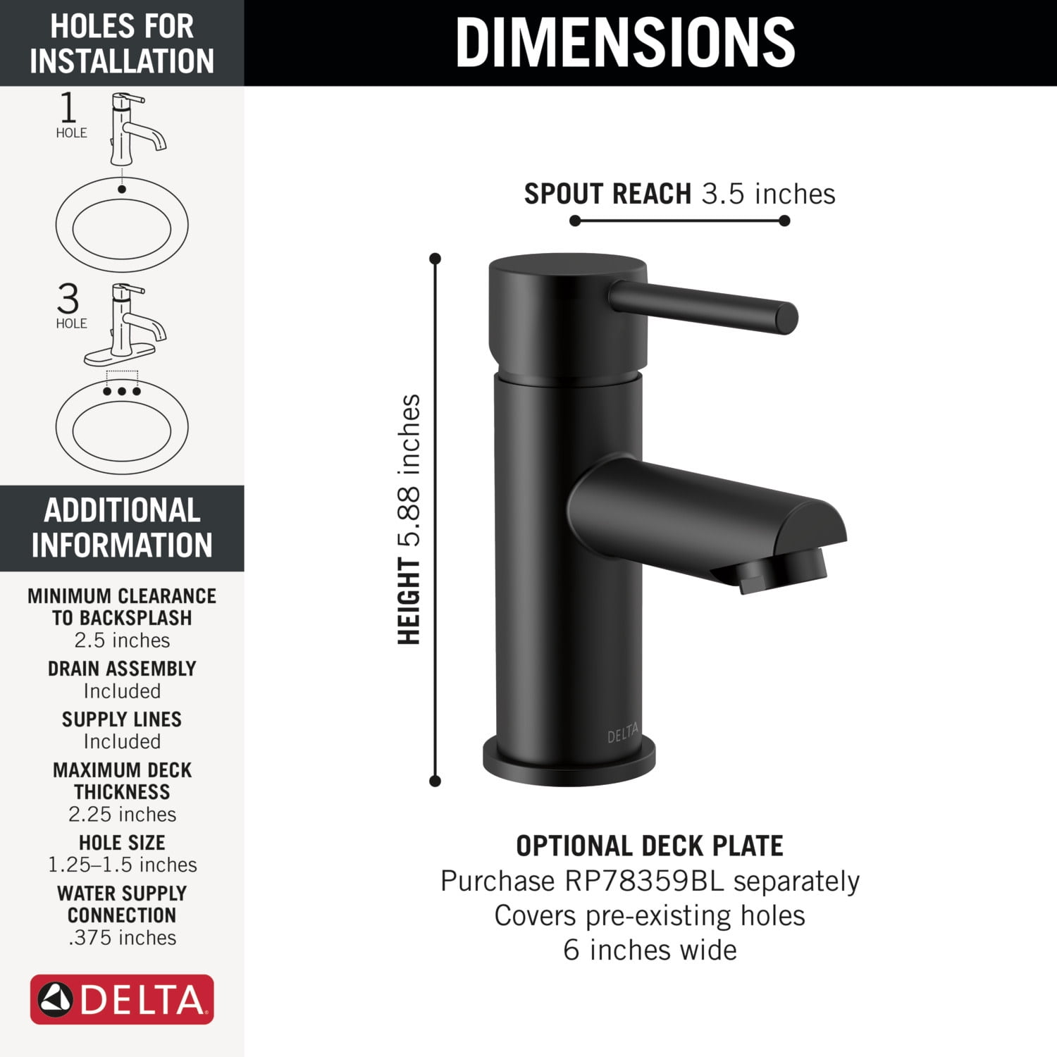 Delta 559LF-BLGPM-PP Modern 1 GPM Single Hole Bathroom Faucet - Black