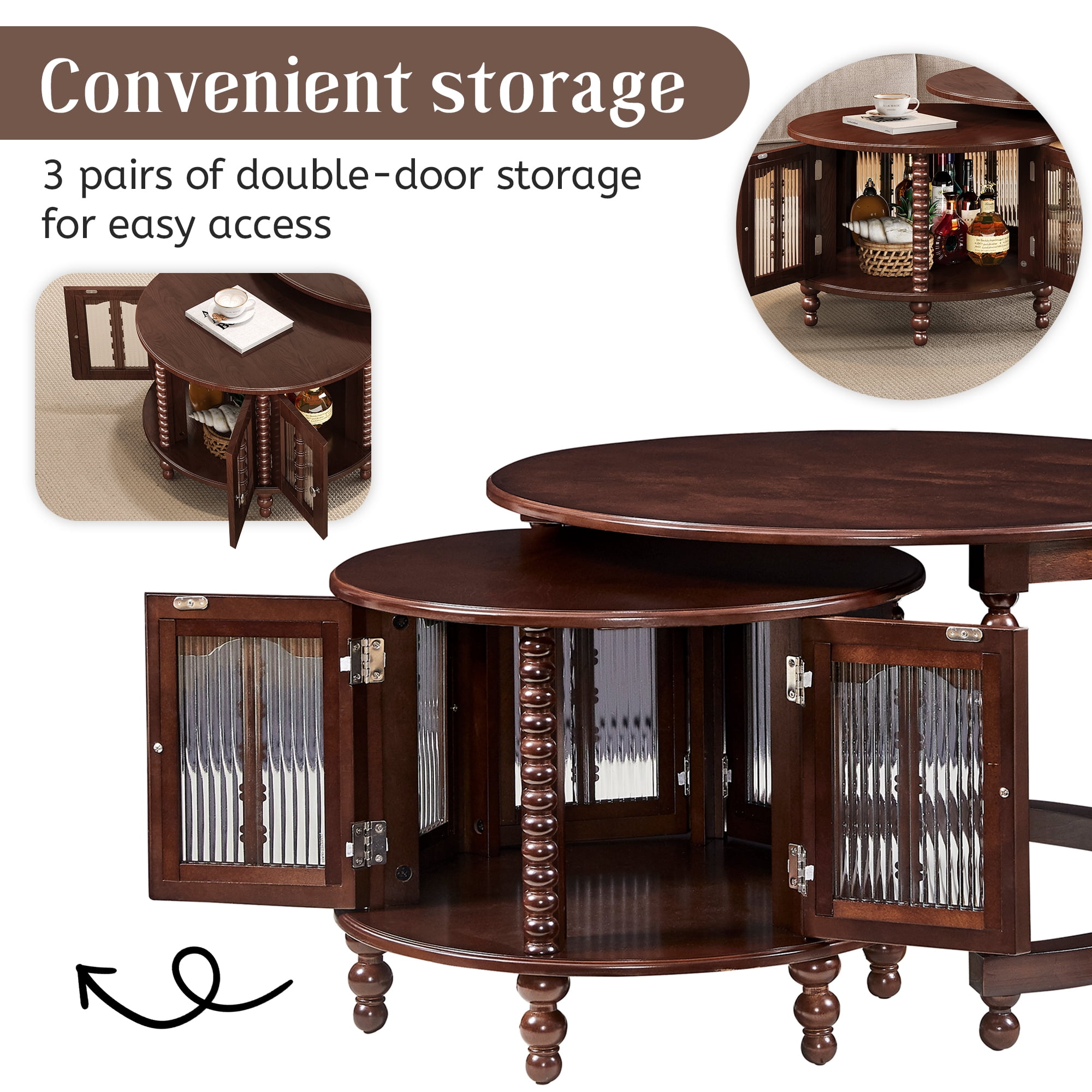 Euroco Vintage Round Nesting Coffee Table, Six Bamboo-shaped Decorative Glass Doors, Retro Beaded Legs, Walnut, 31.5"