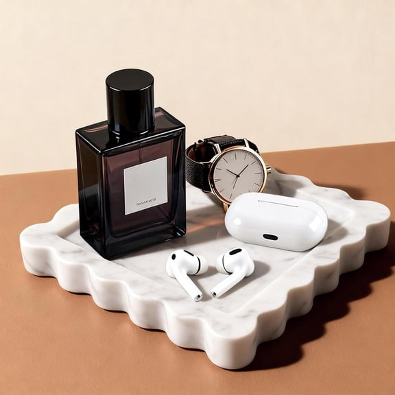 Square Marble Decorative Tray with Scalloped Edge for Jewelry Candle Lotion