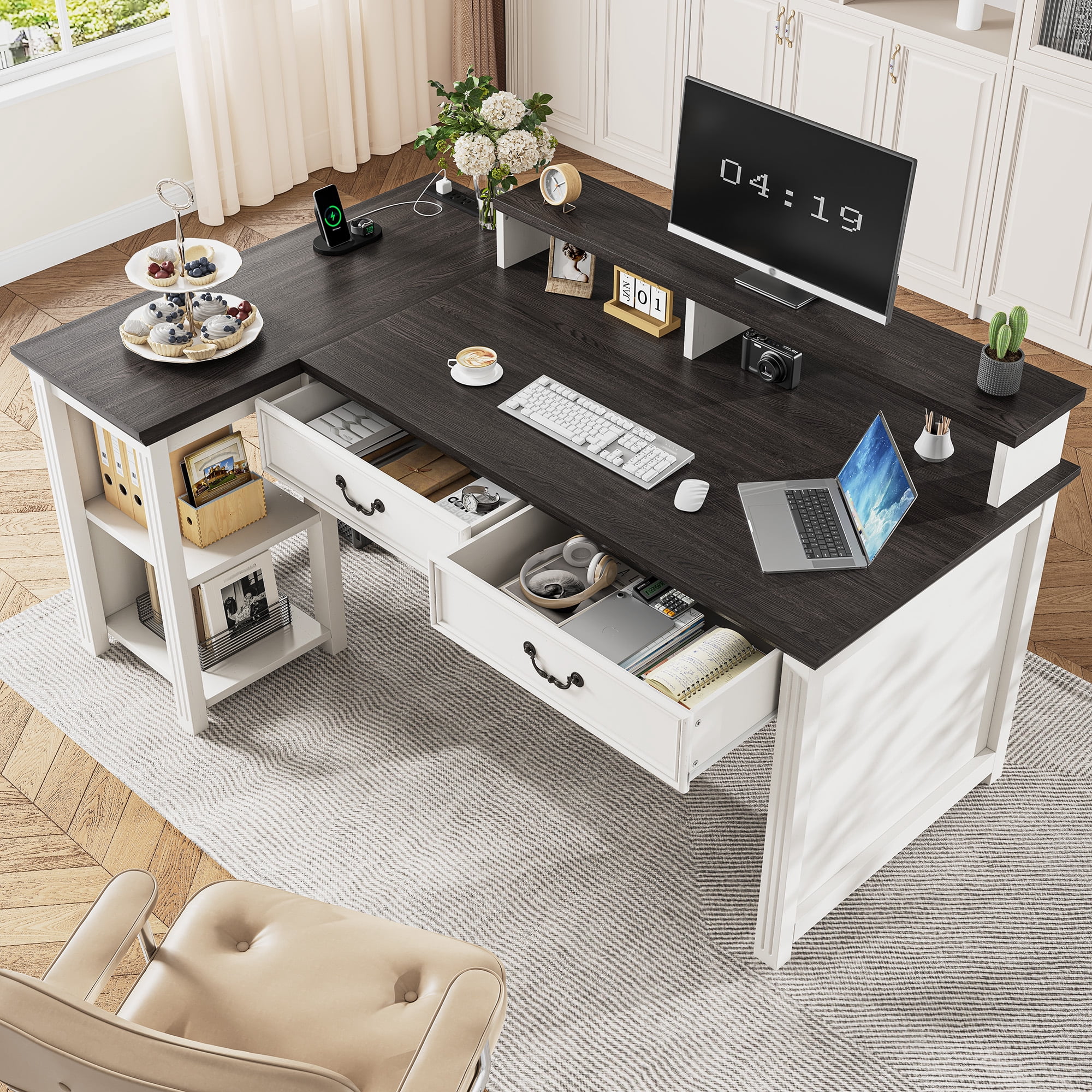 Romorgniz L Shaped Farmhouse Desk with 2 Drawers 55" Computer Desk with Power Outlets & LED Light Office Desk with Monitor Stand & Cabinet for Studying, Writing and Gaming