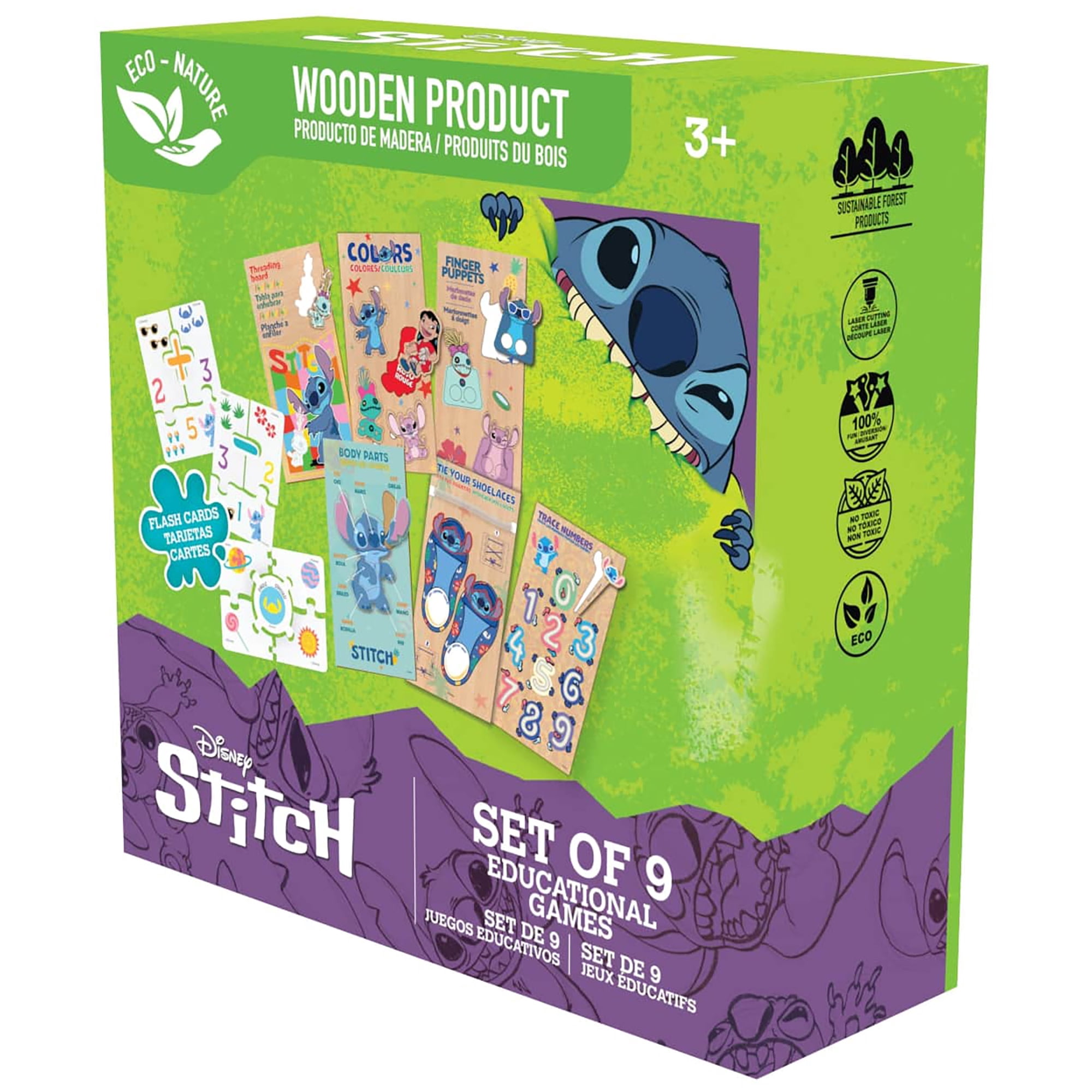 Disney: Stitch Educational Games - Set Of 9 - Play Based Learning, Wooden Puzzles, Bilingual Flash Cards, Numbers-Colors-Shapes-More, Toy Kit, Kids 3+