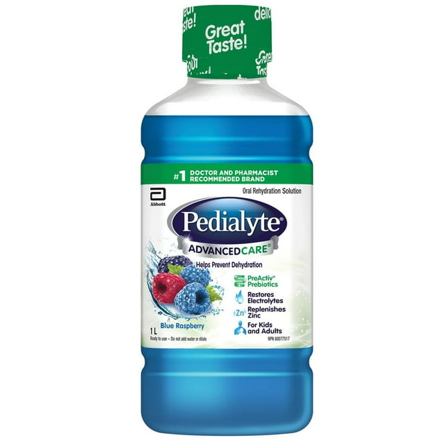Pedialyte AdvancedCare, Liquid Electrolyte Solution, Blue Raspberry, 1L Bottle, Electrolyte Replacement Oral Rehydration Solution