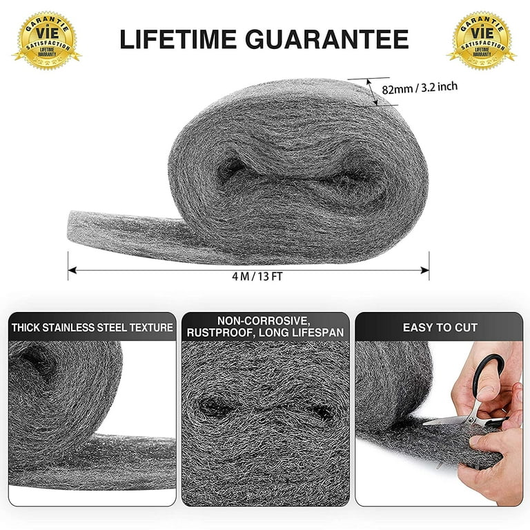 ✮✮ - Stainless Steel Wool |13 FT| Grade 0000 Metal Wire Mesh - Soft,  Flexible, Reusable - for Cleaning, Buffing, Polishing Glass, Windows,  Tiles