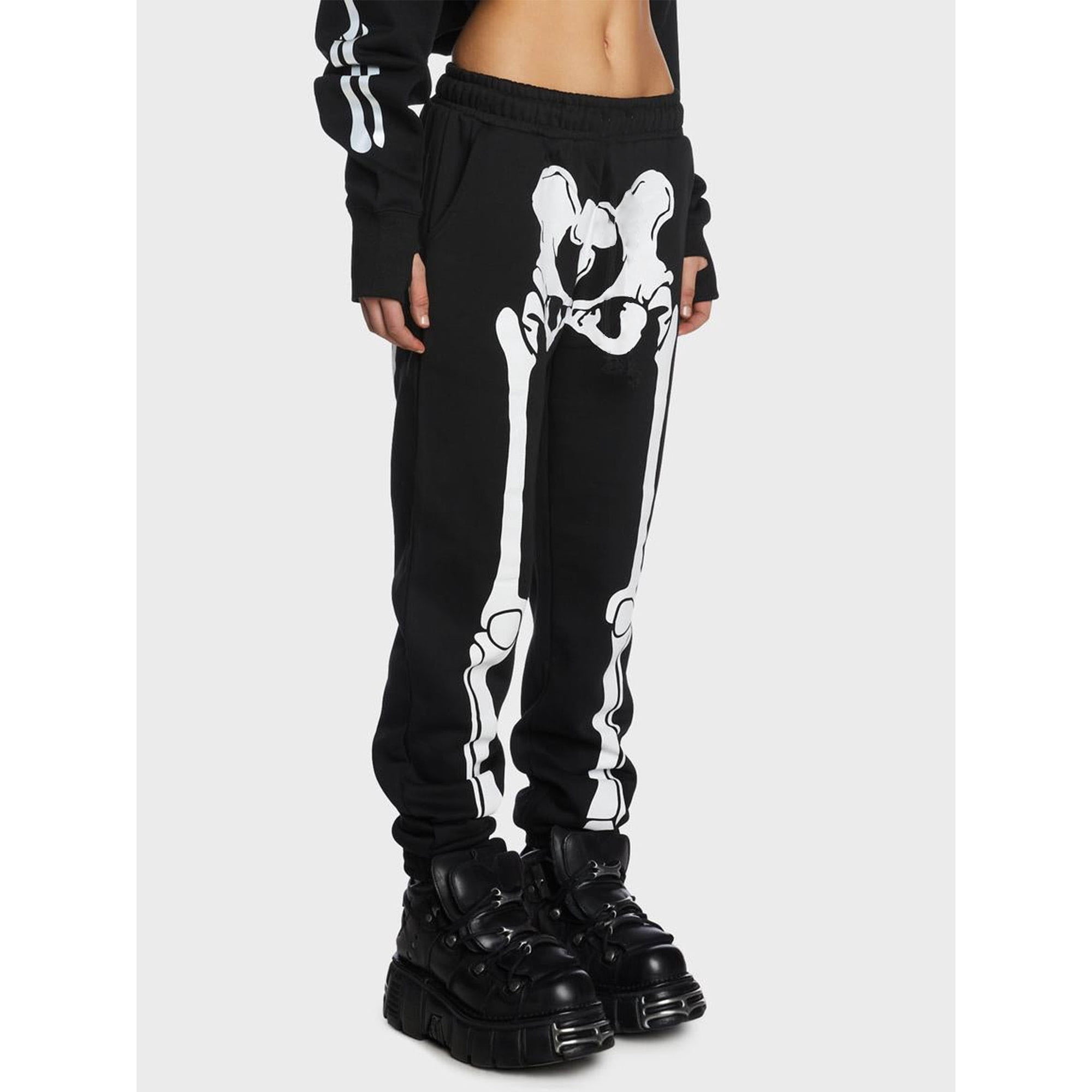 Diconna Women Elastic Cargo Sweatpants Skeleton Print Joggers Pants Casual Trousers with Pockets for Streetwear
