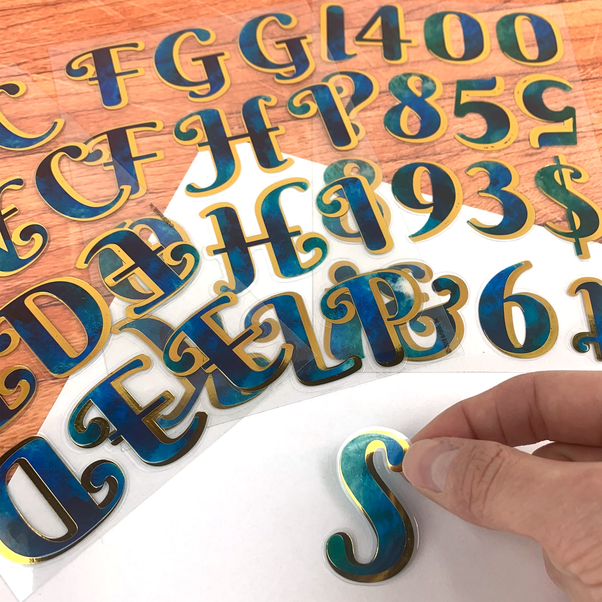 ArtSkills Letter and Number Alphabet Stickers, 1.5" and 1" Gold and Blue Watercolor, for Birthdays, School, 160 Pieces
