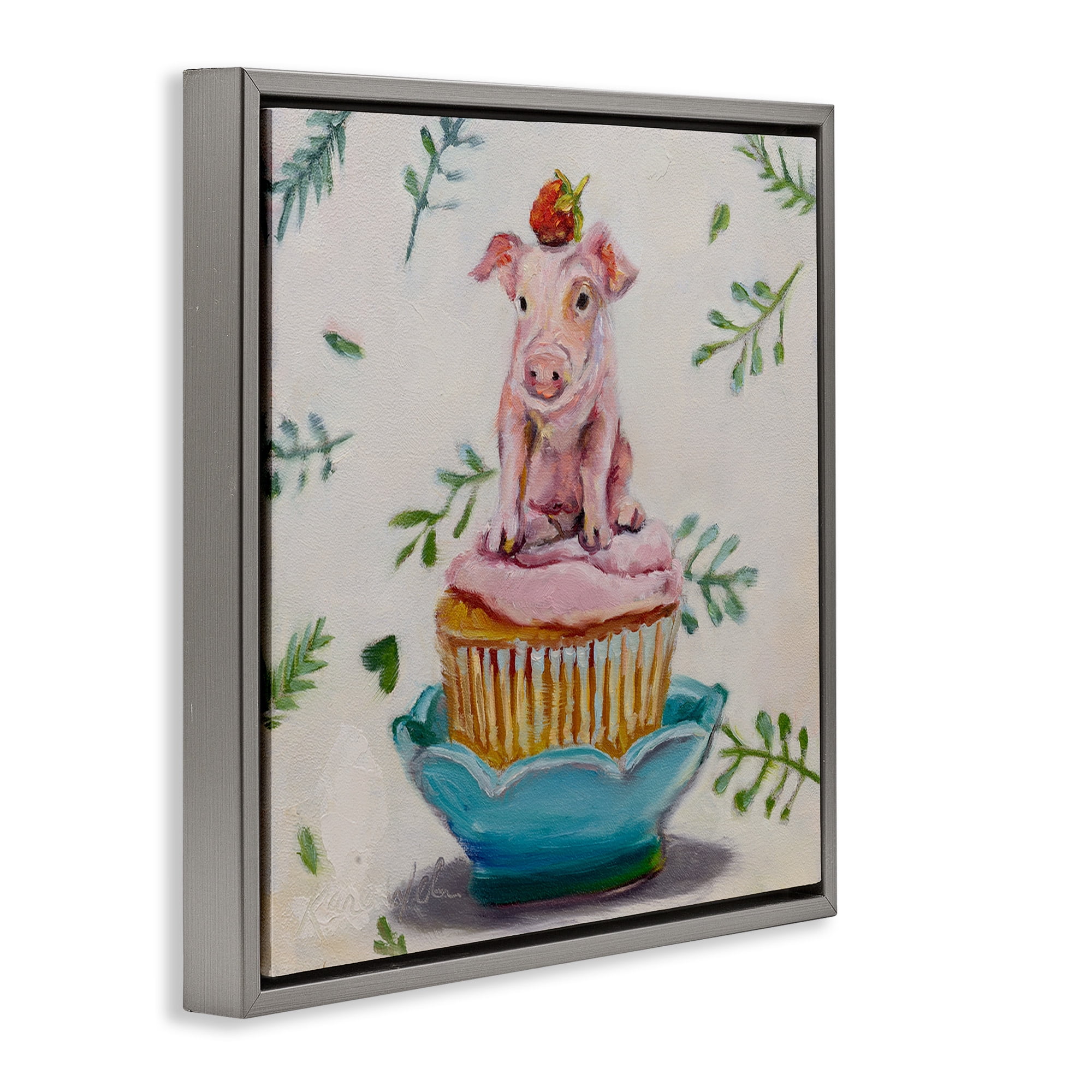 Stupell Industries Teacup Pig on Cupcake Animals & Insects Painting Gray Floater Framed Canvas Art Print Wall Art, 18 x 18