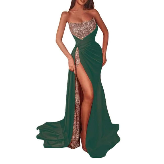 Women Fashion Sequin Slit Plus Long Skirt Sexy Off Shoulder Tube Top Full Dress