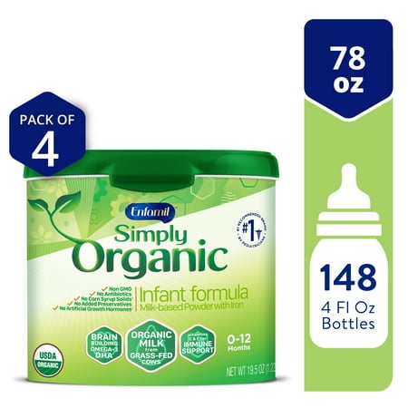 Organic Baby Formula, Simply Organic by Enfamil, No Corn Syrup, Organic Milk from Grass-Fed Cows, Milk-Based Powder with Iron, Non-GMO, Powder Tub, 19.5 Oz, Pack of 4