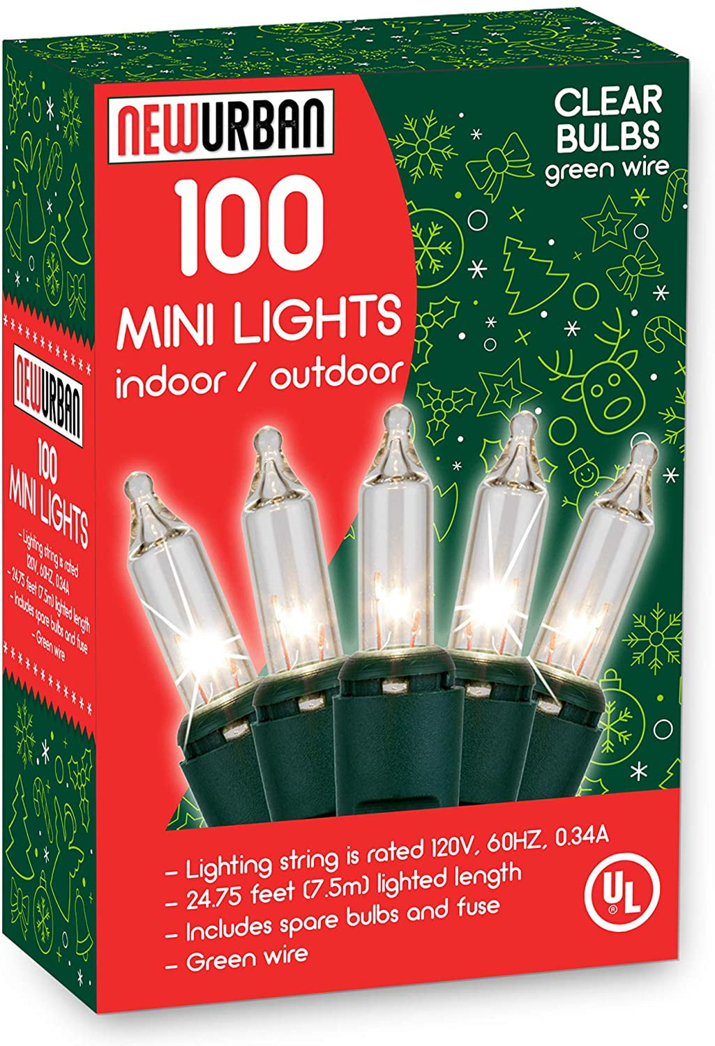 NEWURBAN 100 Christmas Mini Lights Set-UL Certified-Connectable Decor Lights for Patio Garden Wedding Holiday Christmas Tree-Indoor and Outdoor Decorative Use-Clear Lights-Green Wire
