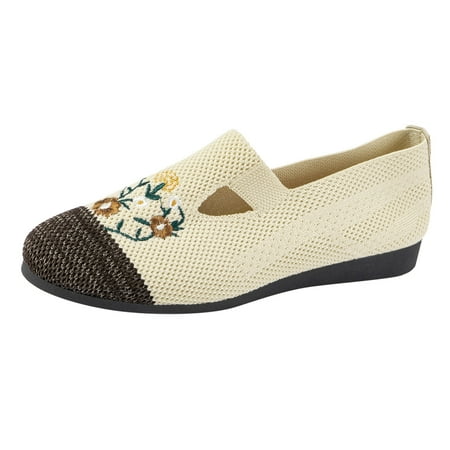 OJSFQUFP Women s Flats Ladies Fashion Breathable Mesh Knitted Flower Embroidery Flat Bottom Casual Single Shoes Slip On Walking Shoes for Women Coffee 42