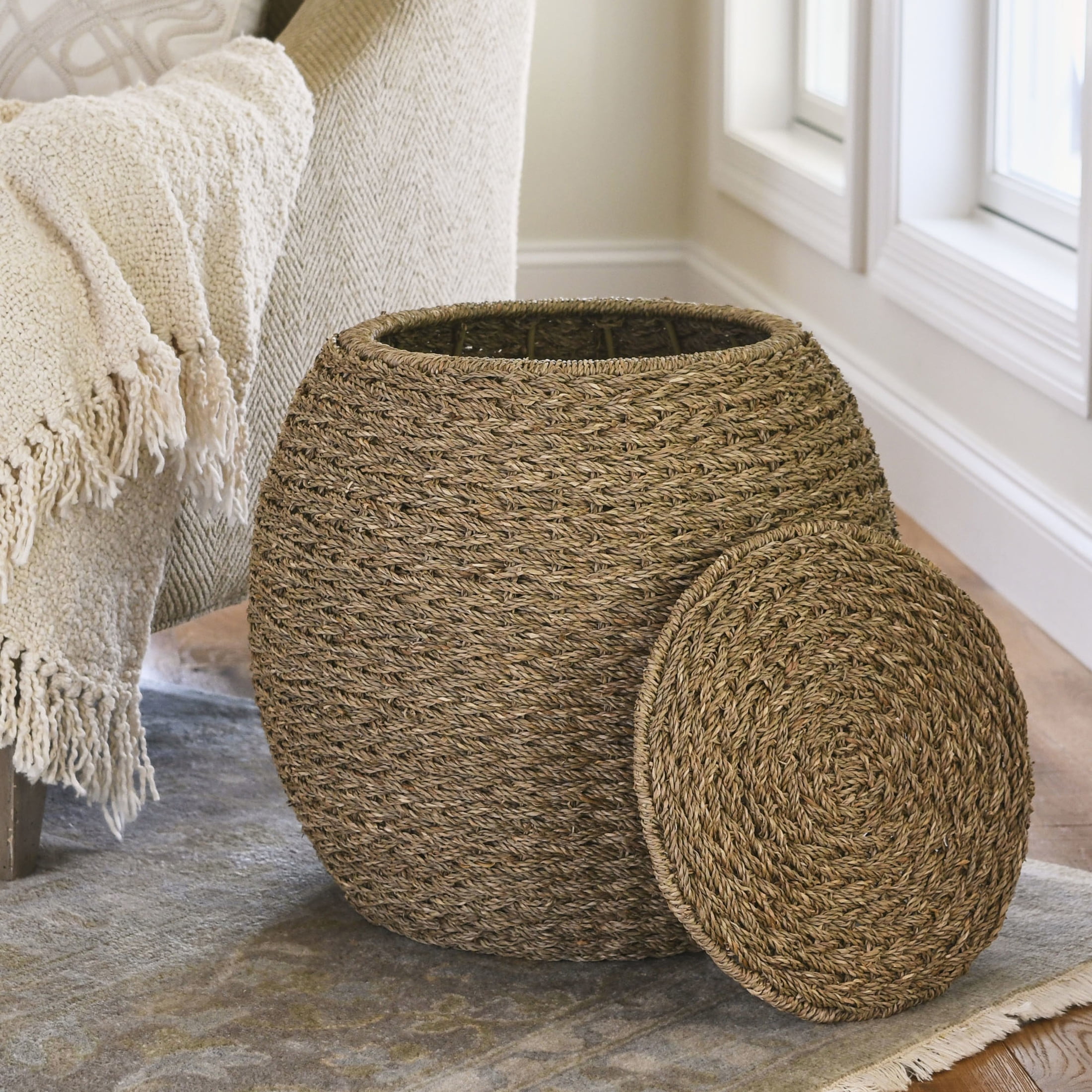 Household Essentials Handwoven Seagrass Barrel Wicker Storage Basket Side Table, Natural