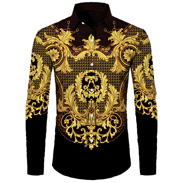 Camisas con estampado 3D de león dorado para hombre, Tops de manga larga con cuello vuelto y botones, ropa de calle de estilo barroco a la moda