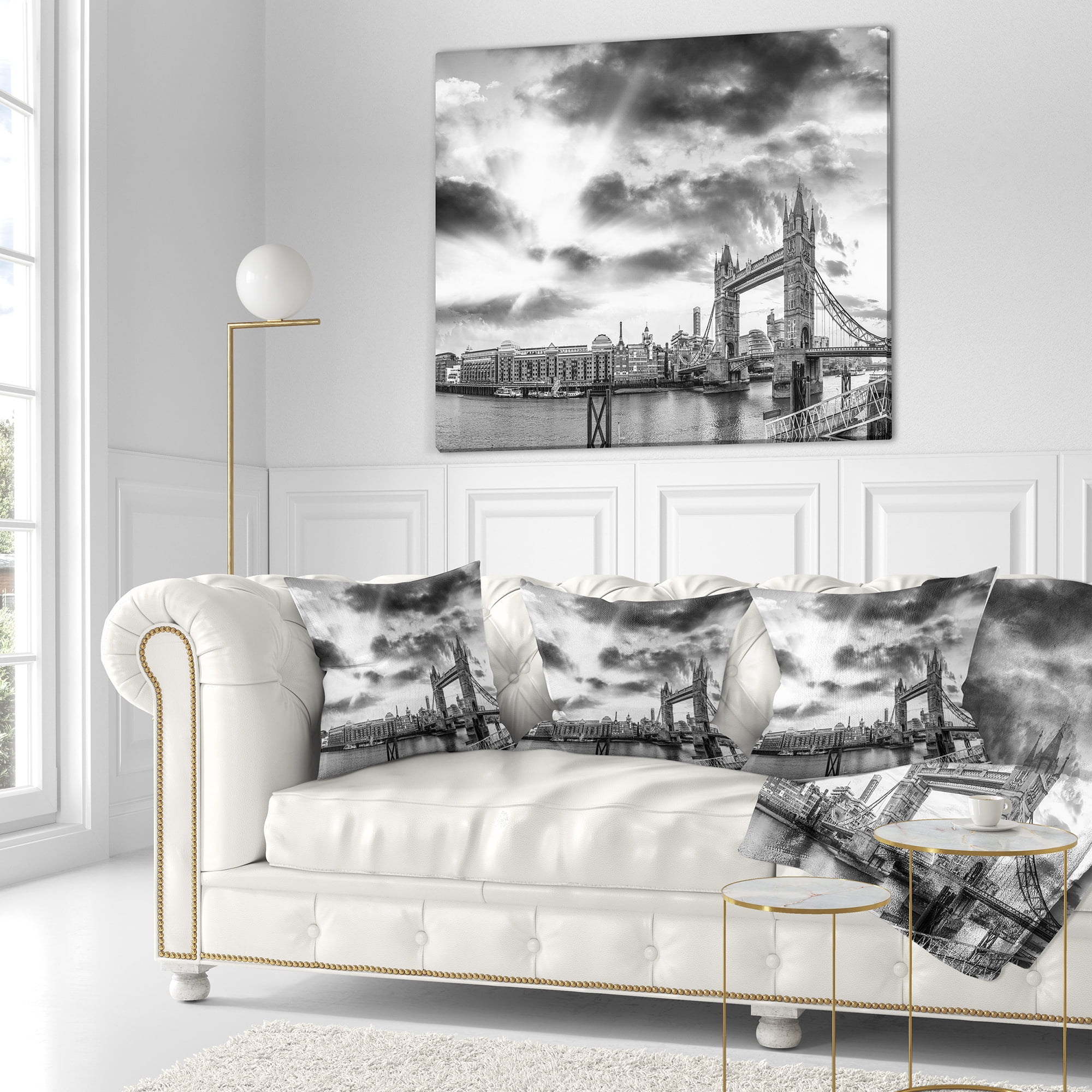 Designart Black and White View of London Panorama - Cityscape Throw Pillow - 16x16