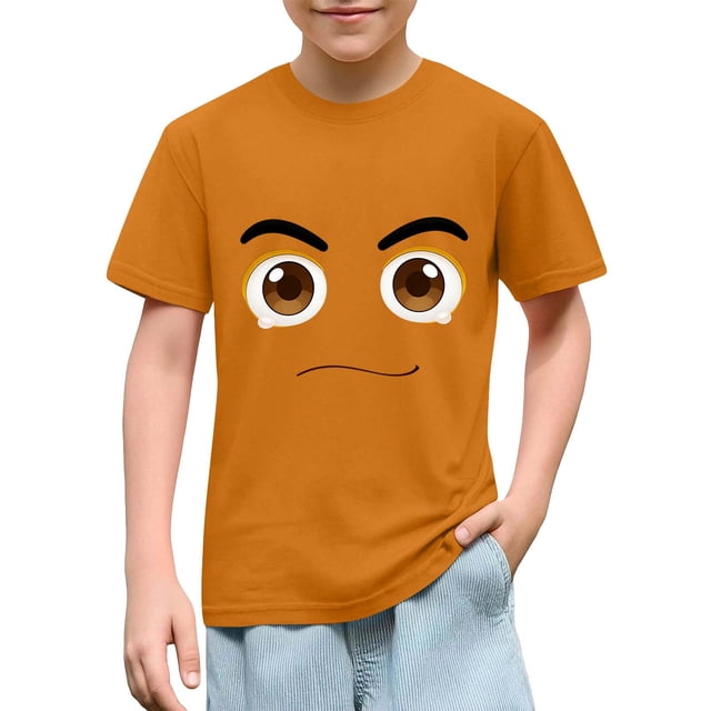 Blusas y camisas de manga corta con cuello redondo para niños y niñas, color liso, con estampado de expresión linda, manga corta, holgadas y cómodas, blusa para niña