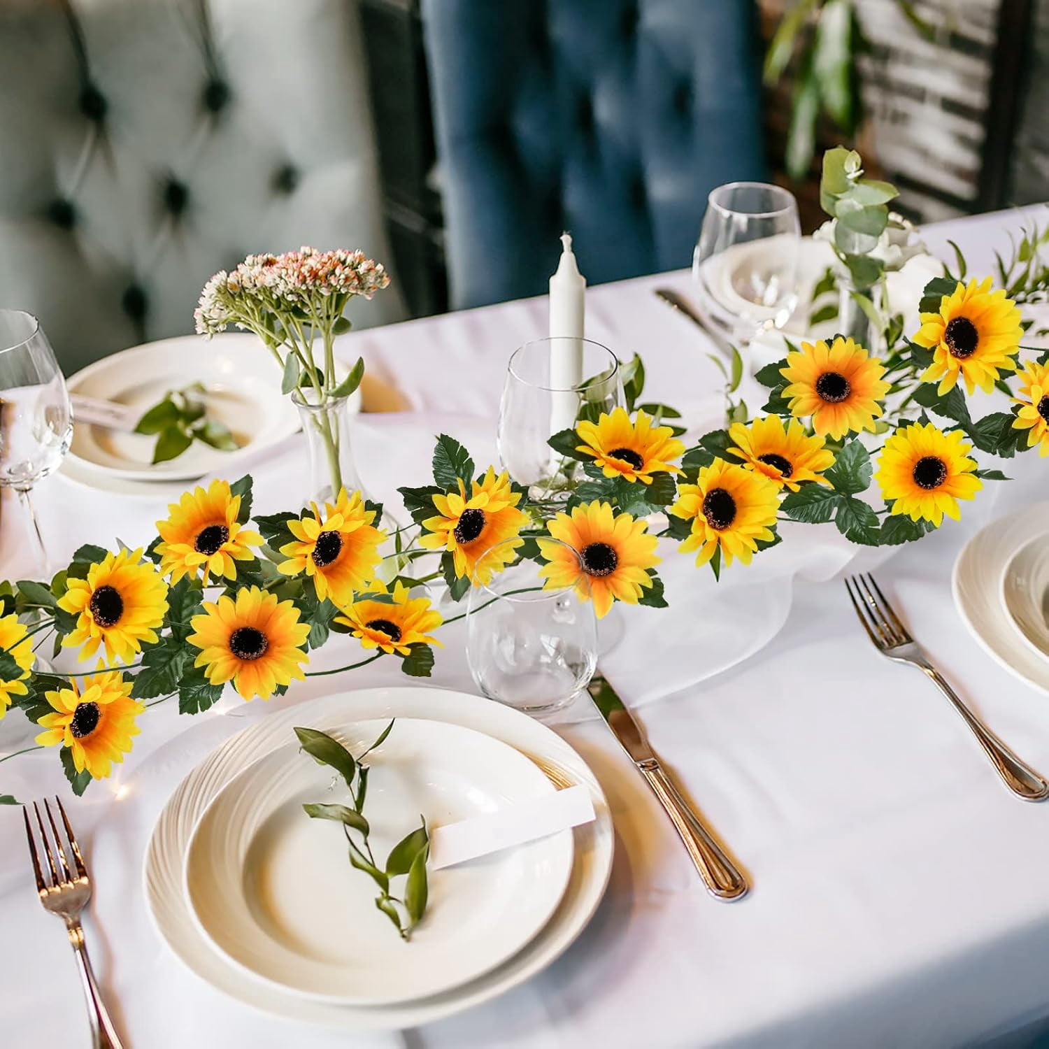 10pcs Sunflower Garland Artificial Flowers, 8.2ft/Pcs Silk Sunflowers with Green Leaves, Flowers Vines for Room Home Kitchen Garden Wedding Arch Party Decor