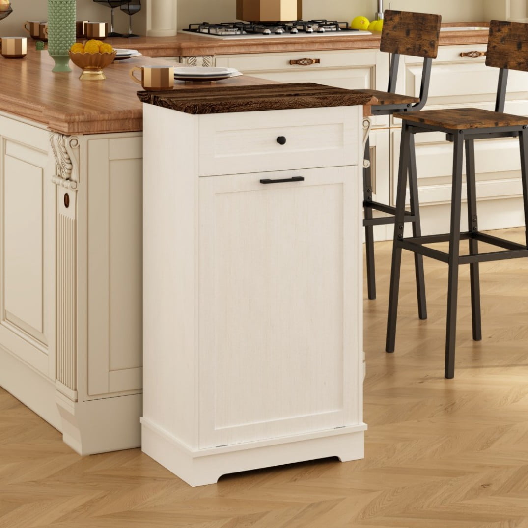 13 Gallon Tilt Out Trash Cabinet, Freestanding Garbage Can Storage with Drawer, Wood Recycling Cabinet, Antique White Kitchen Trash Bin Holder, Antique Brown & White