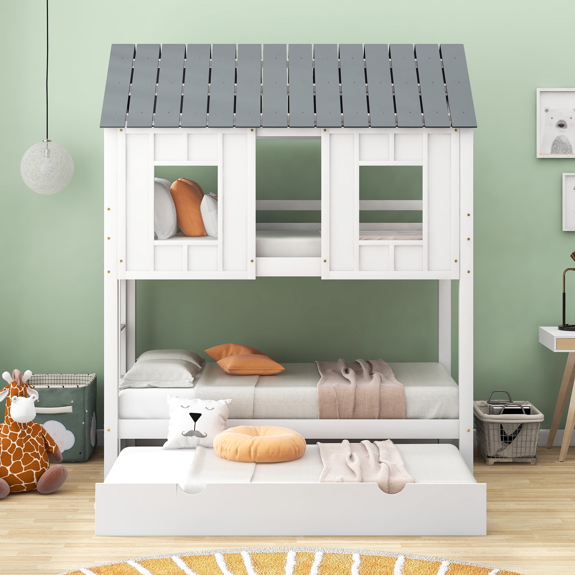 EUROCO Twin Size House Bunk Bed with Roof and Trundle for Kids Teens Bedroom, White