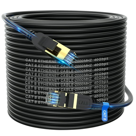 Cat 8 Ethernet Cable 200FT Heavy Duty High Speed 26AWG, 2000Mhz with Gold Plated RJ45 Connector, Weatherproof S/FTP UV Resistant for Router/Modem/PC/Gaming Outdoor&Indoor