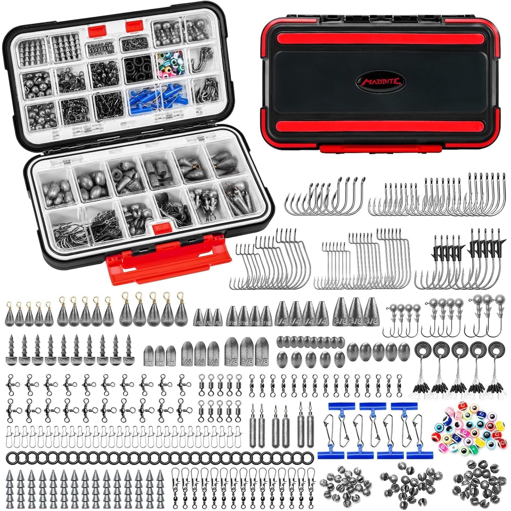 MadBite by KastKing 400pcs Compact Fishing Tackle Kit - Freshwater Hooks, Weights, Bobbers in Tackle Box, Fishing Gear Set