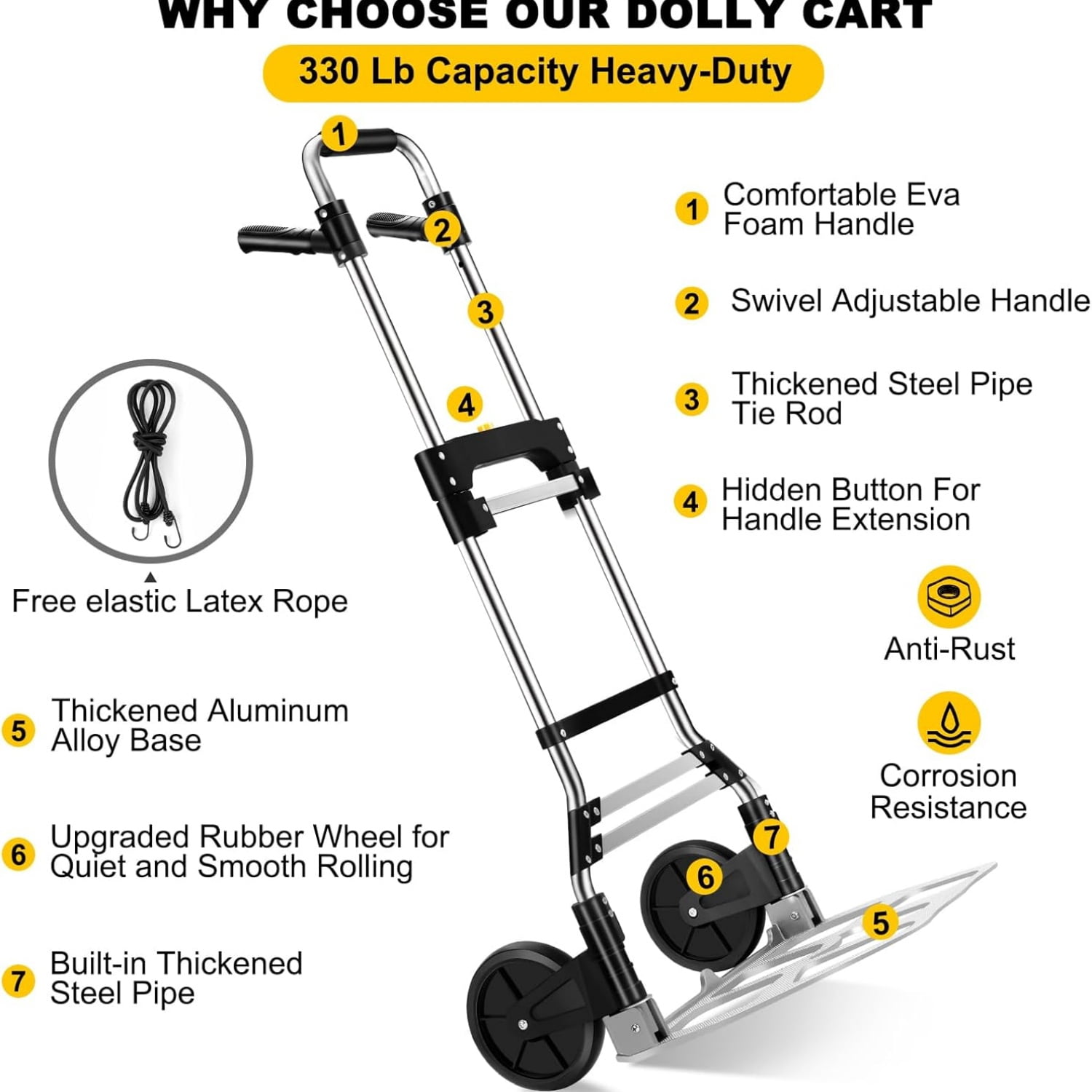 330 LB Capacity Folding Hand Truck Dolly Cart, Portable Aluminum Dolly Cart with Telescoping Handle and Rubber Wheels for Moving,Shopping,Travel,Office Use.