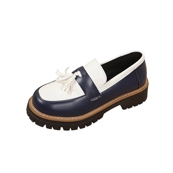 Gpaecead Women's Two Tone Platform Tassel Loafers Faux Leather Chunky Sole Slip On British Style Comfort Shoes For Work And Casual Blue