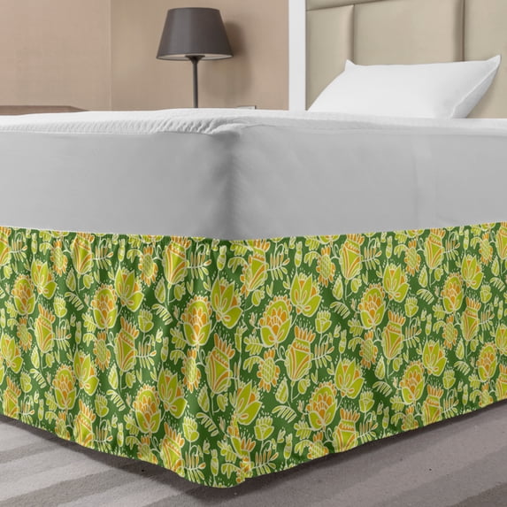 Floral Bed Skirt, Demonstration of Tropical Flowers Repetitive Doodle Look Pattern, Elastic Bedskirt Dust Ruffle Wrap Around for Bedding Decor, 4 Sizes, Fern Green and Multicolor, by Ambesonne