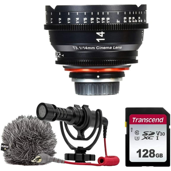 XEEN by ROKINON 14mm T3.1 Professional Cine Lens for Nikon F Mount   Rode VideoMicro Compact On-Camera Microphone with Shock Mount and Furry Windshield   128GB High Speed Memory Card