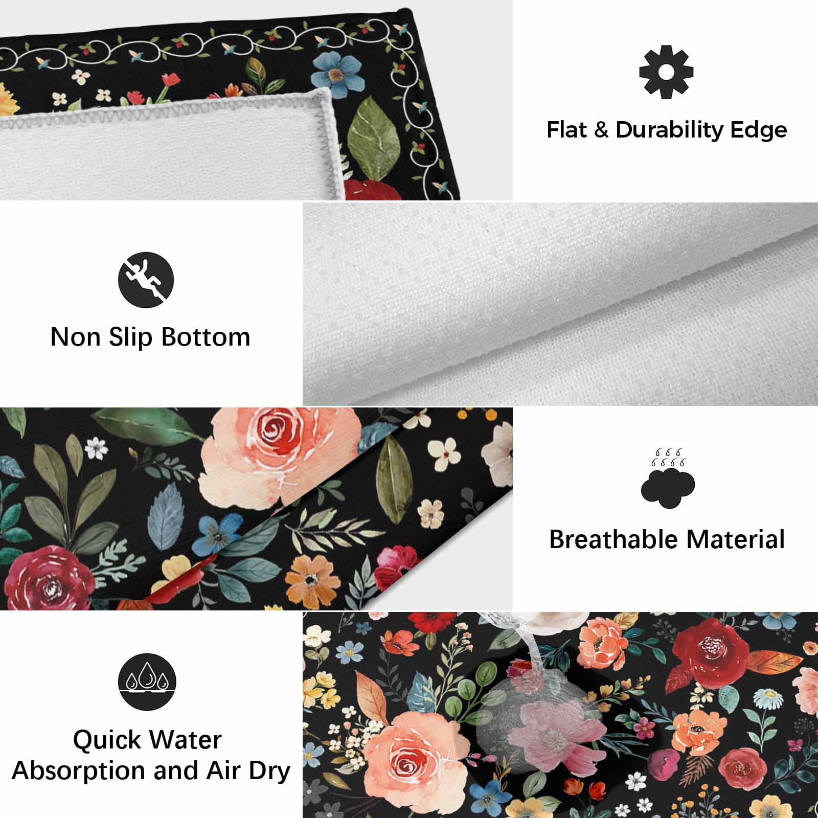 Watercolor Flowers Outdoor Rug 5x7 Ft, Non Slip Washable Area Rug, Farmhouse Floral Vintage Black Patio Rugs Carpet Runner, Large Floor Mat for Indoor/Outdoor Deck Porch Camping