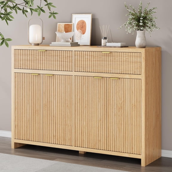 FANRAL 55" Wide Sideboard Buffet Cabinet with 2 Drawers & 4 Doors,Fluted Design with Adjustable Shelves for Living Room Kitchen Dining Room,Natural Oak Storage Cabinet