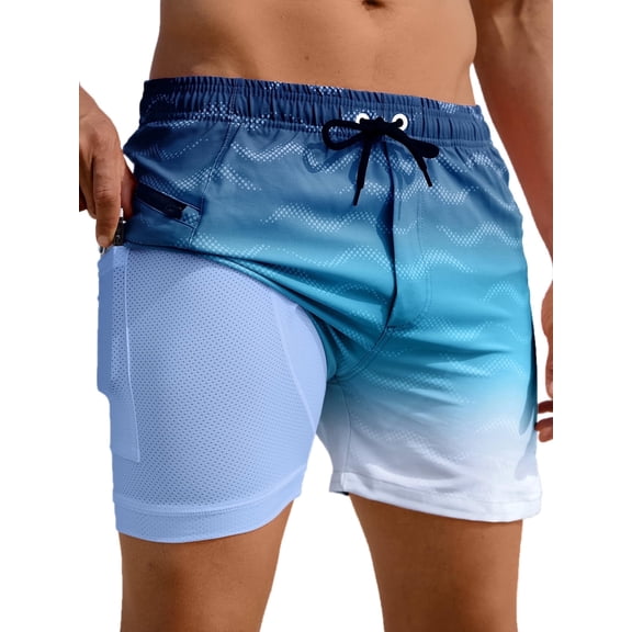 APTRO Mens Swim Trunks with Compression Liner 5" Quick Dry Bathing Suit Swim Shorts with Zipper Pockets Board Shorts Swimsuit Dark Blue L