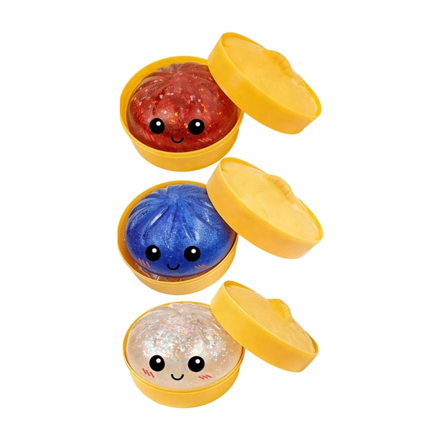 Ensemble de Jouets en Slime en Forme de Ravioli Mignon avec Visage Souriant dans des Contenants Ronds pour Jeu Sensoriel et Soulagement du Stress
