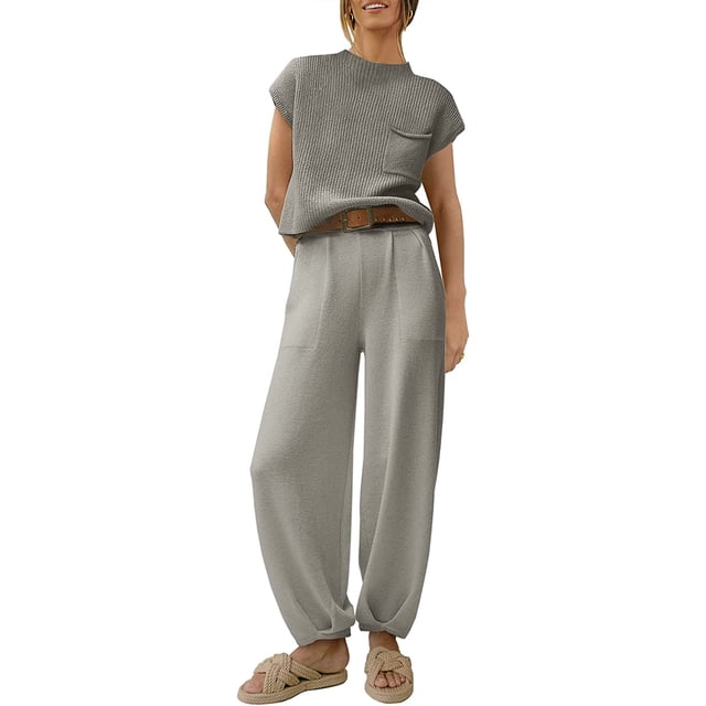 Conjuntos de suéter de dos piezas para mujer, suéteres de punto, tops y pantalones de cintura alta, chándal, conjuntos de salón, gris claro, XXL esquí esquí Gafas de esquí