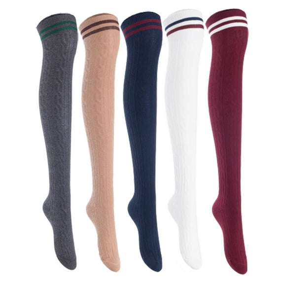 Lian Lifestyle Women's 5 Pairs Incredible Durable Super Soft Unique Over Knee High Thigh High Cotton Socks, Size US 6-9, JMYP1023 Dark Gray, Khaki, Navy, White, Wine