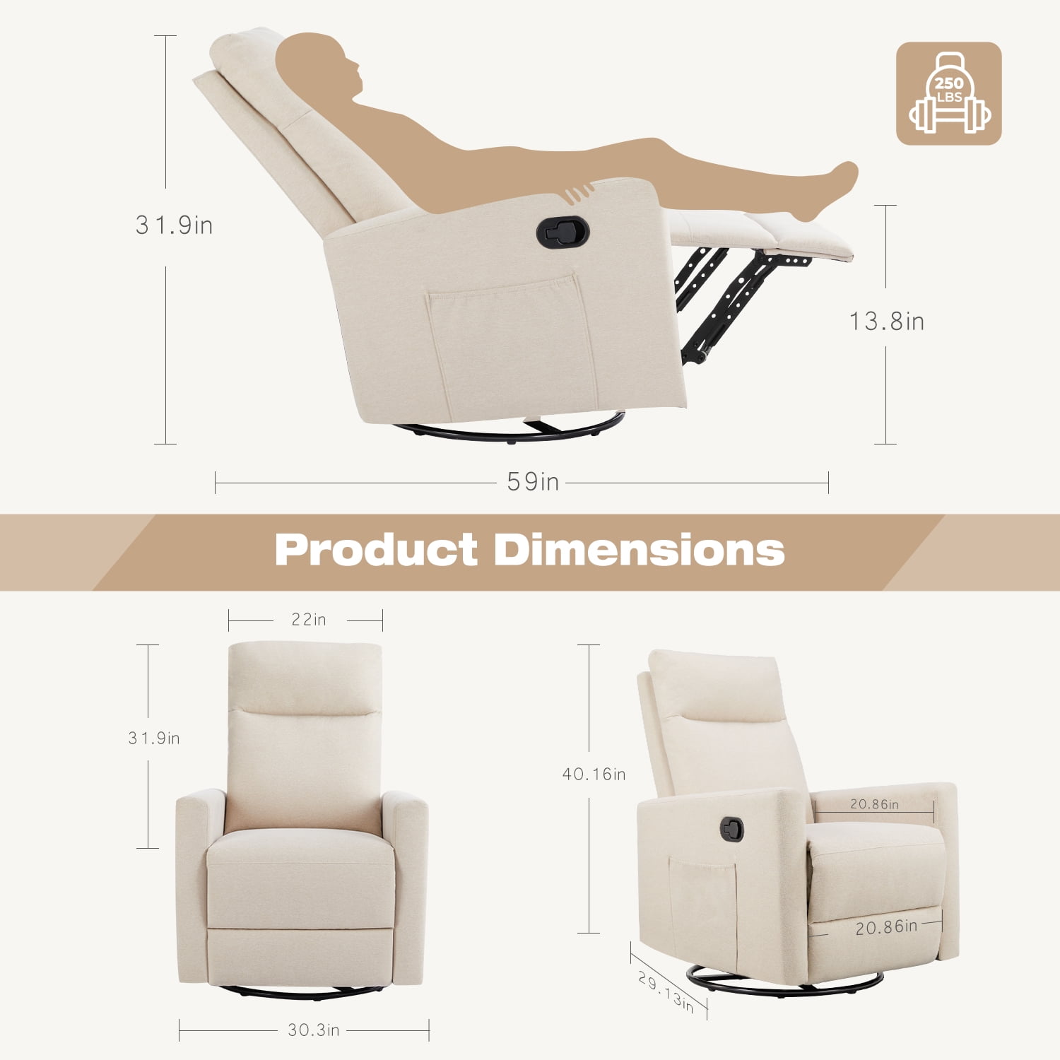 GIANNA Recliner Chair, Modern Design with Adjustable Backrest, Comfortable Padded Seat,Perfect for Living Room, Bedroom, or Home Theater, Beige