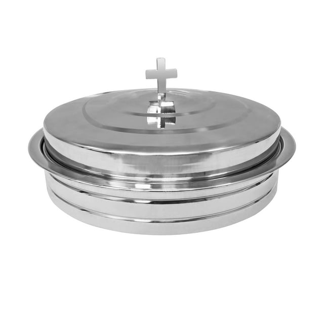 FixtureDisplays® Plateau Porte-Gobelet de Communion Sainte avec Couvercle et Insert, Contient 40 Tasses, Diamètre 12 Pouces, Service de Culte Poignée Croisée en Acier Inoxydable Argenté 15715