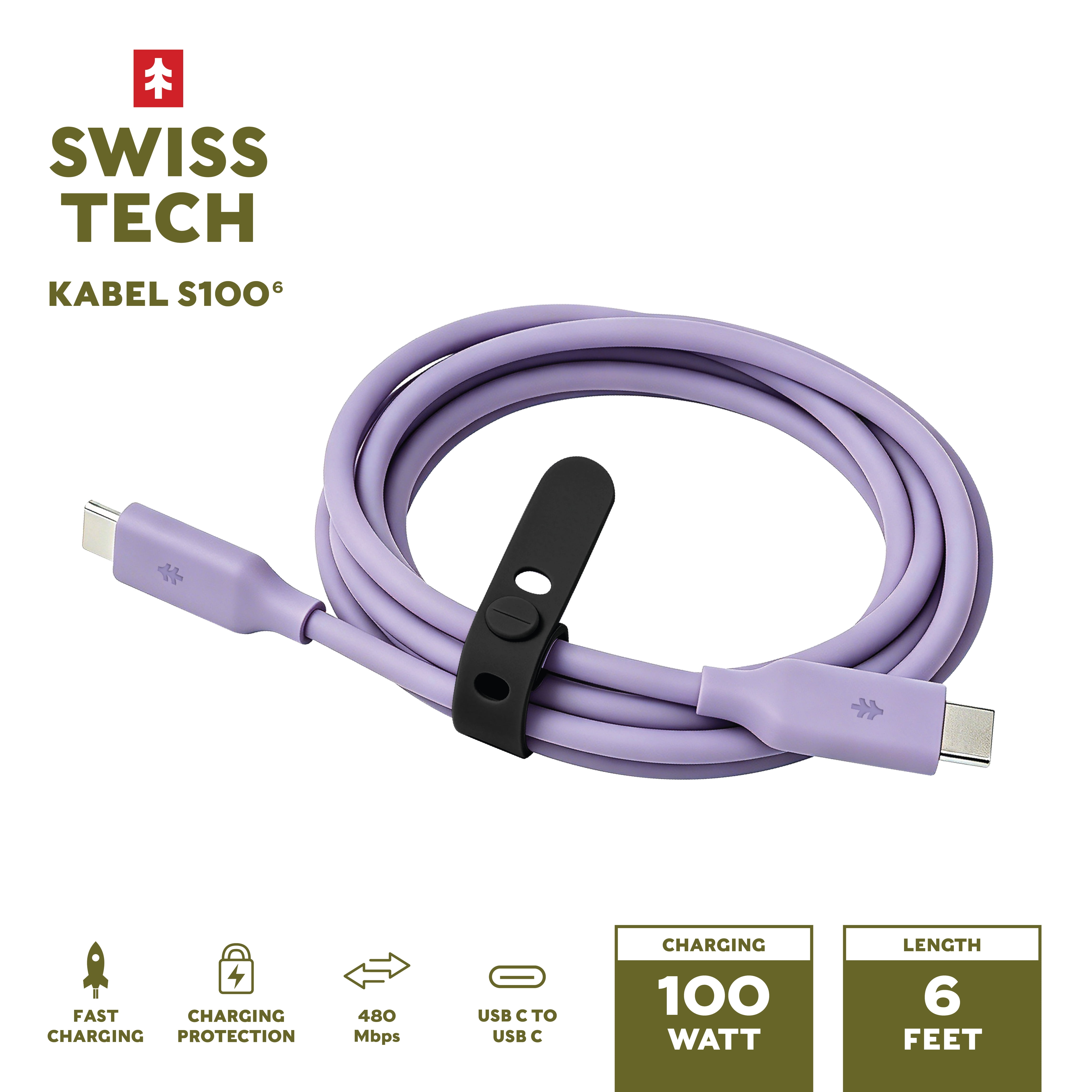 Swiss Tech Kabel S100 6 ft 100W Soft Touch USB-C to USB-C Charging Cable, Myrtle Purple