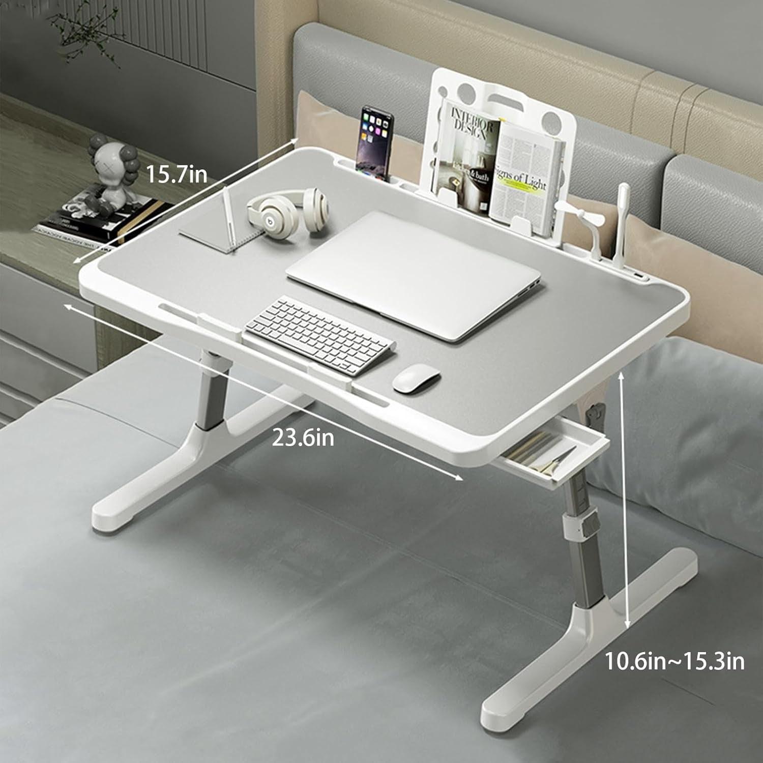 Laptop Desk for Bed, Adjustable Beds Table with USB Charge Port, Foldable Laptop Table with Storage Drawer, Portable Laptop Bed Desk Tray for Eating Working Writing Reading (Yellow)