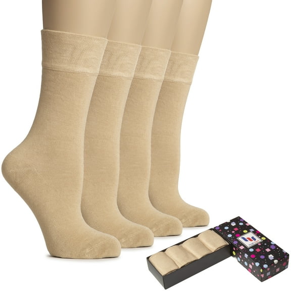 HUGH UGOLI Women's Bamboo Thin Crew Socks for Dress Business & Trouser, Seamless Toe, 4 Pairs in Gift Box, Shoe Size 5-8/8-11, Beige, Shoe Size: 5-8