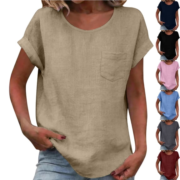Paiwinds Women's Round Neck Short Sleeve Top with Pocket Casual Cotton Linen Blend Solid Color T-Shirt Blouse