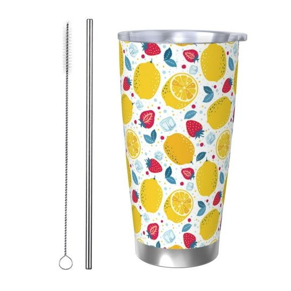 Logiee Strawberry Lemon Print 20OZ Car Cup with Lid, Stainless Steel Vacuum Insulated Double Wall Travel Tumbler, Durable Insulated Coffee Mug,Thermal Cup with Straw-Straw Two-piece Set