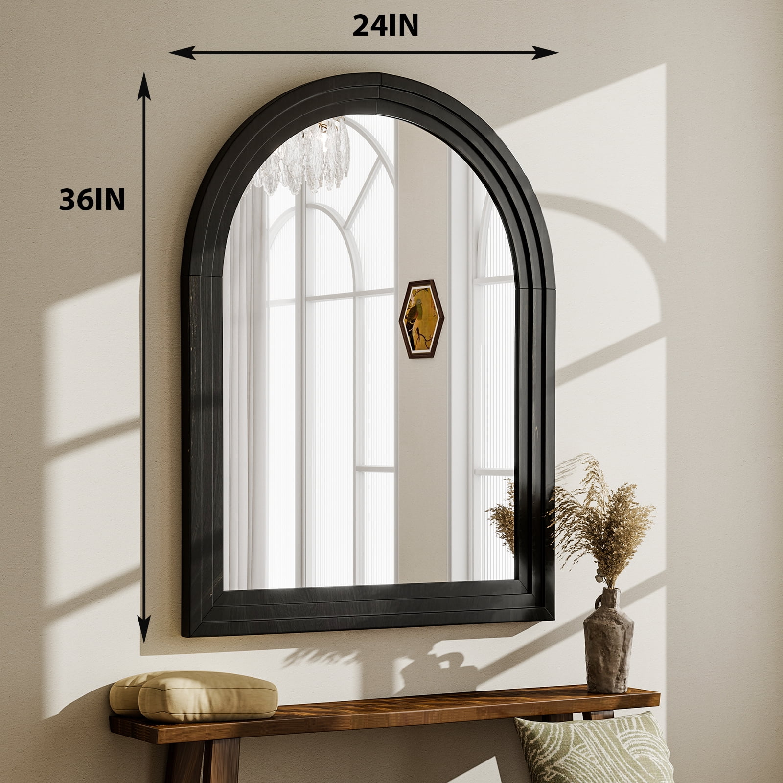 Easy4Home 36"x24" Arched Bathroom Mirror with Wooden Frame Decorative Wall Mounted Mirror, Black
