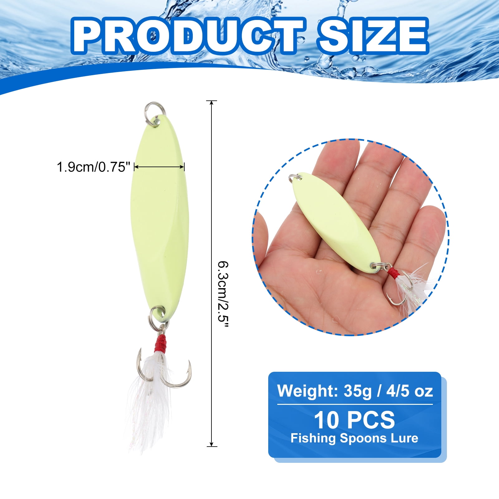Uxcell Fishing Spoons, 10 Pcs 4/5 oz Fishing Lures Casting Spoon Treble Hooks Jigs Hard Metal Spinner Baits for Freshwater Saltwater Salmon, Yellow