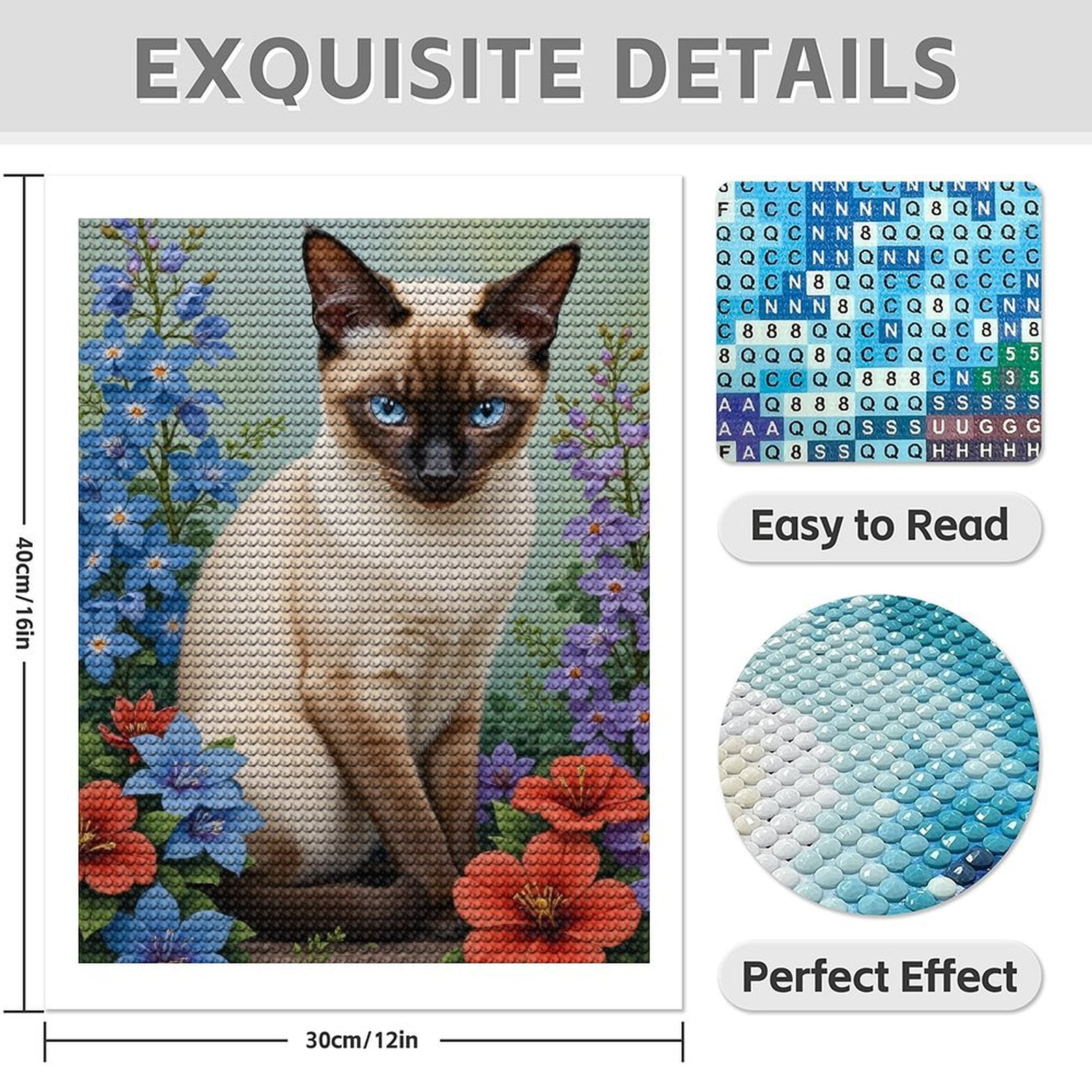 Diamond Art Kit for Adults, Siamese Cat Among Colorful Blooms Diamond Painting for Adults Beginners, DIY Diamond Art Painting Kits, 5D Diamond Painting Crafts for Home Decor 12x16 Frameless