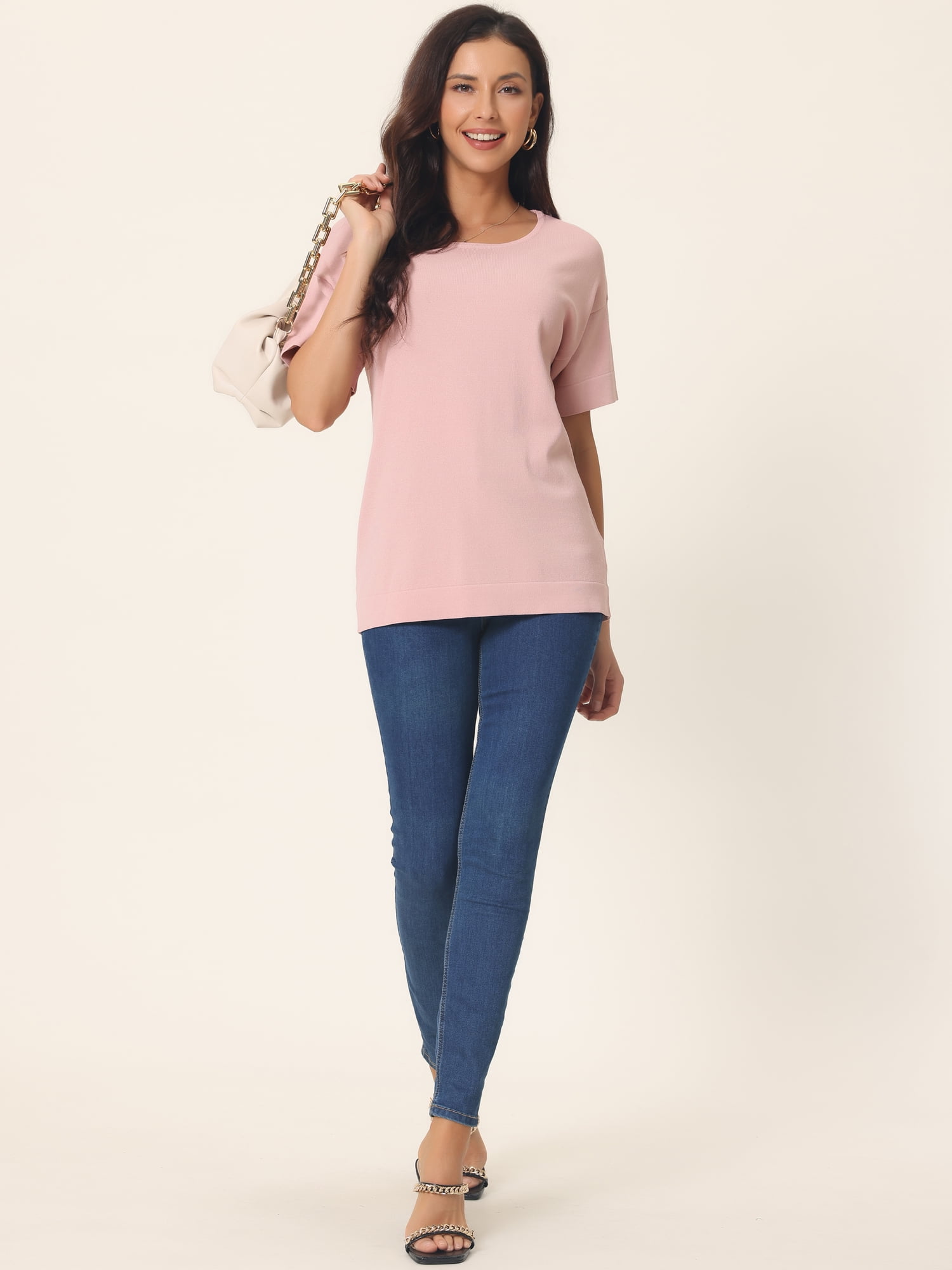 Unique Bargains Women's Short Sleeve T Shirts Basic Knit Tops Loose Solid Color Blouse S Pink