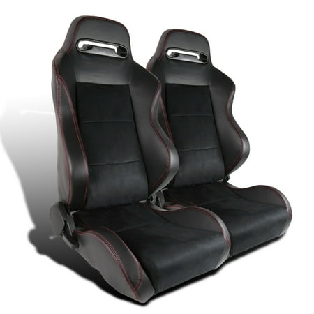 Spec-D Tuning Leather Jdm Red Stitch Pvc/Suede Recaro Style Racing Seats 1 Pair (Left +