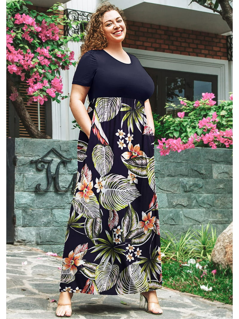 uddanne erindringer Seaside SHOWMALL Plus Size Summer Maxi Dress for Women Colorful Big Leaves 3X Short  Sleeve Crewneck Casual Beach Bohemian Full-Length Long Sun Dresses with  Pockets - Walmart.com