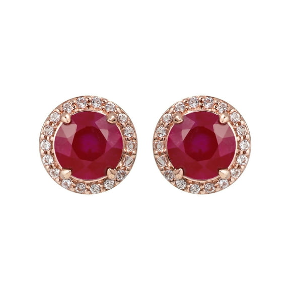 10k Rose Gold Genuine Round Ruby and White Topaz Halo Earrings