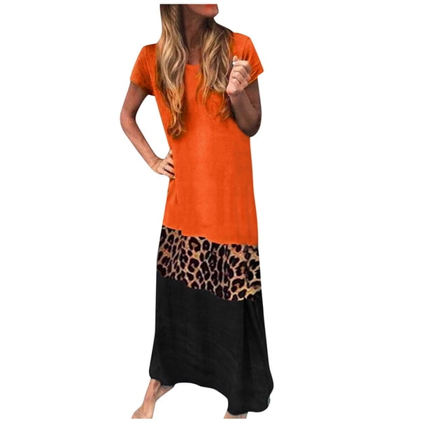 Vestido suelto de manga corta con estampado de leopardo y cuello en V informal de verano para mujer a la moda Fridja bnh2734