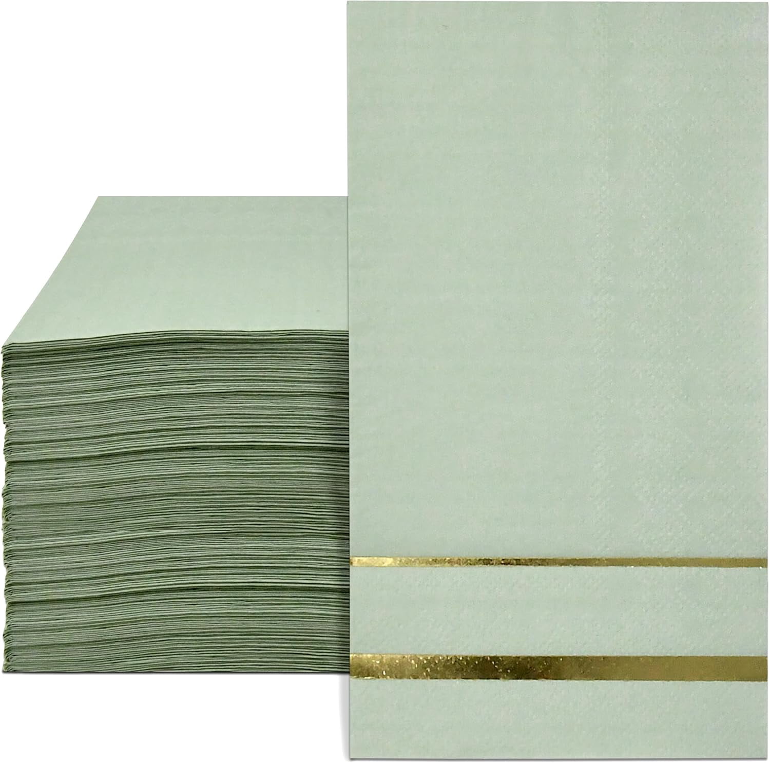 100 Count Sage Green with Gold Trim Lined Guest Napkins Elegant Dinner Hand Napkin for Bathroom Wedding Holiday Anniversary Birthday Party Bridal Baby Shower Metallic Golden Foil Decorative Towel