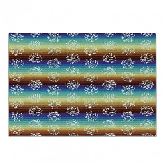 Aztec Cutting Board, Hippie Boho Horizontal Stripes Background in Various Tones and White Dotwork Circles, Decorative Tempered Glass Cutting and Serving Board, Small Size, Multicolor, by Ambesonne